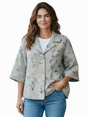 Elliott Lauren Wool Blend Blazer Women Floral Beige Gray Size M Jacket